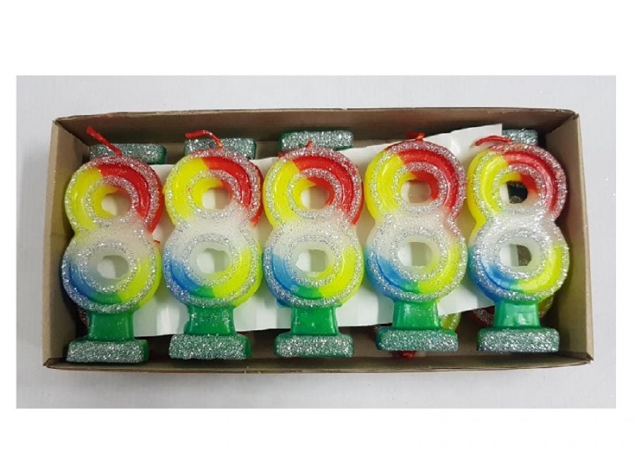 VELA NUMEROTE 8 MULTICOLOR C/GIBRE X 1 (X10) - VELAS MULTICOLOR